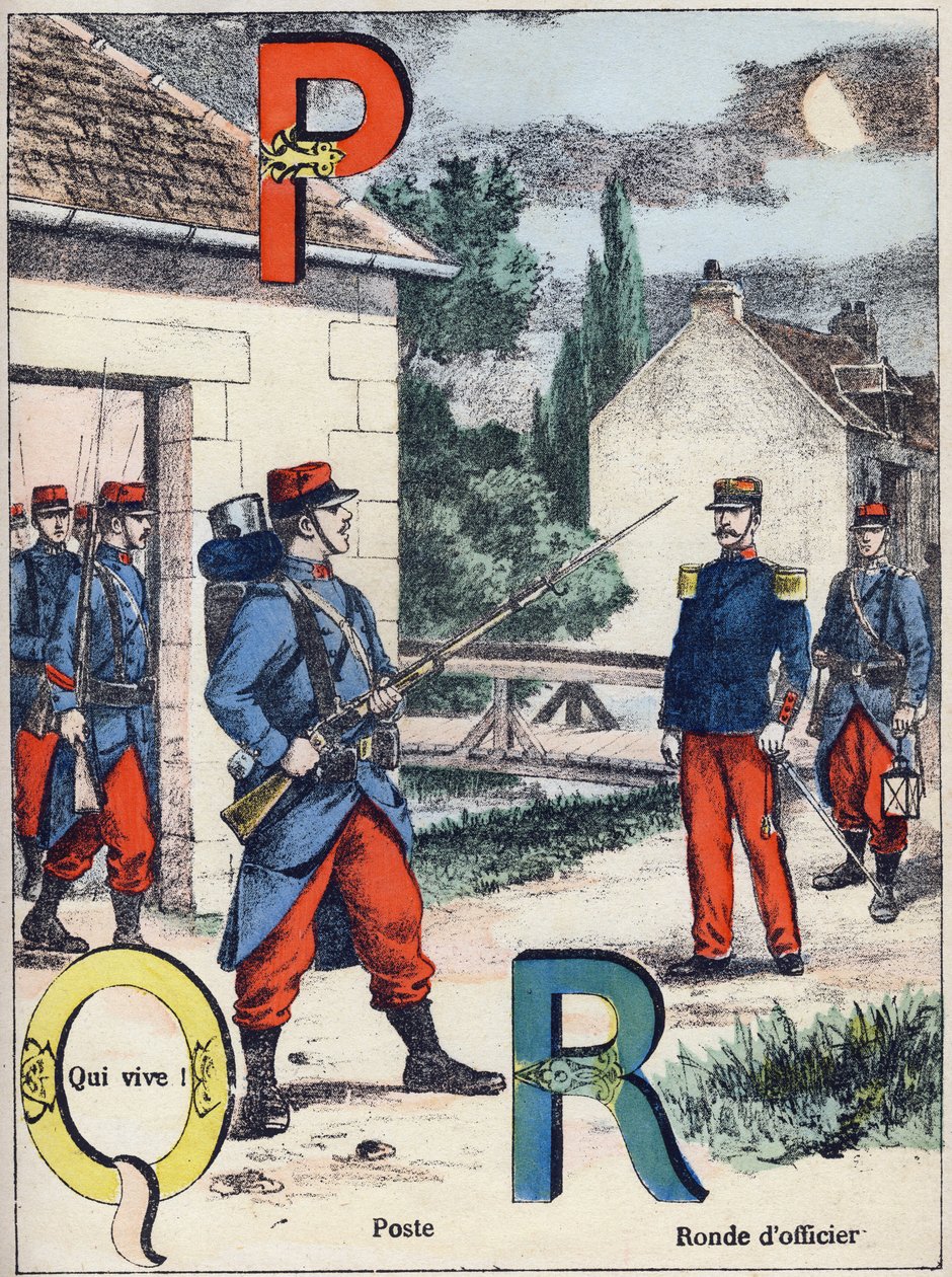 Bokstavene P Q og R: Post, Qui vive! og offisersrunden. Gravering i "Alphabet militaire" , Grand-Bebe-serien. Gravering. Pont-a-Mousson avbildning. Louis Vagne, Trykker-forlag, ca 1900. Illustrasjoner av G. Dascher. 20 sider. Mål: 31,5x24,5cm av G. Dascher