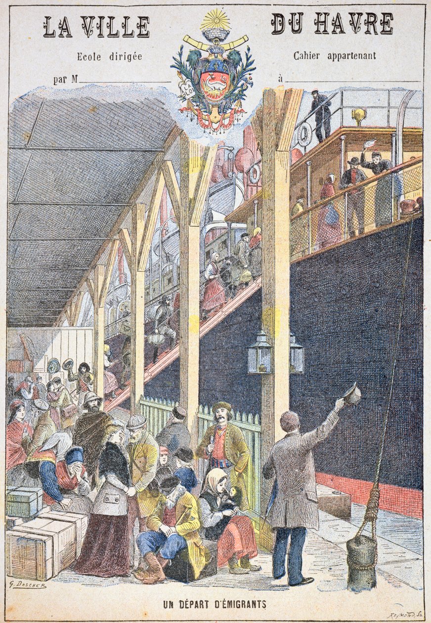 The Departure of Emigrants from Le Havre, forsiden av en skolebok av G. Dascher