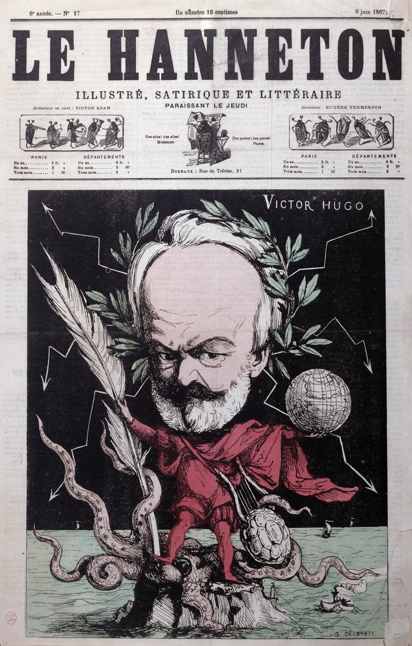 Karikatur av Victor Hugo (1802-85) som Zevs i eksil på Guernsey fra forsiden av Le Hanneton, juni 1867 av G. Deloyoti