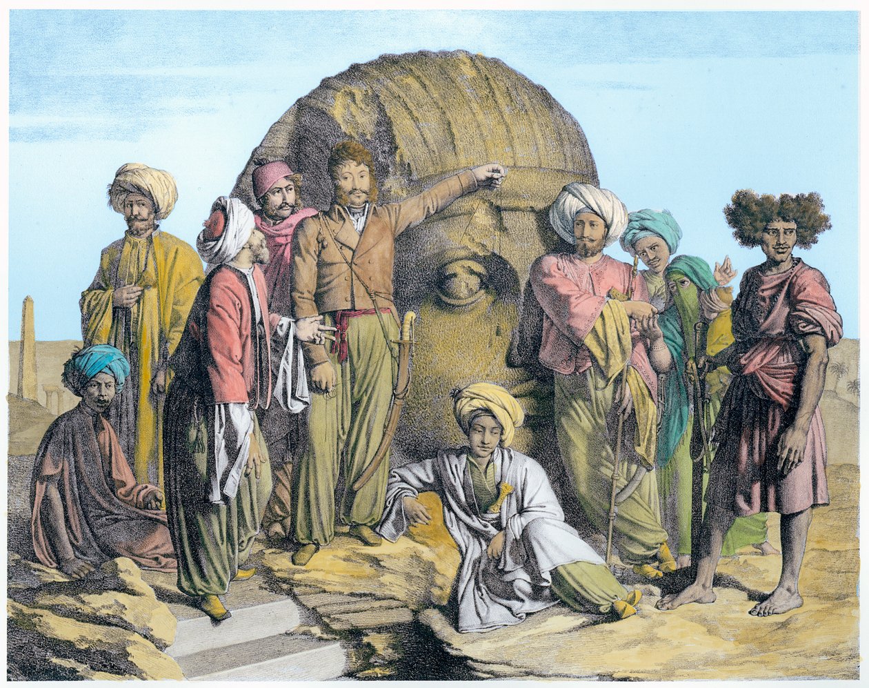 Arkeolog Bernardino Drovetti måler et kolossalt hode i den egyptiske ørkenen, 1819 av G Engelmann