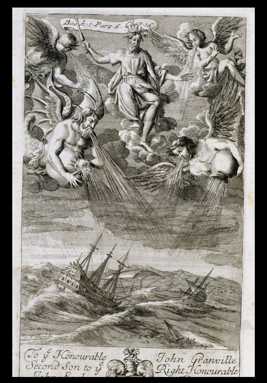Jupiter kaster en storm på havet, illustrasjon fra bok 1, del 6, kapittel 16 av 