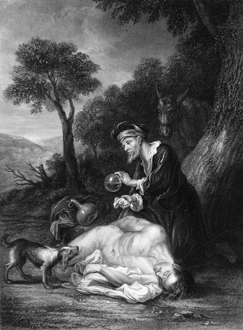 Han bandt sårene sine, helte i olje og vin, ca 1830-årene. av G. H. Adcock