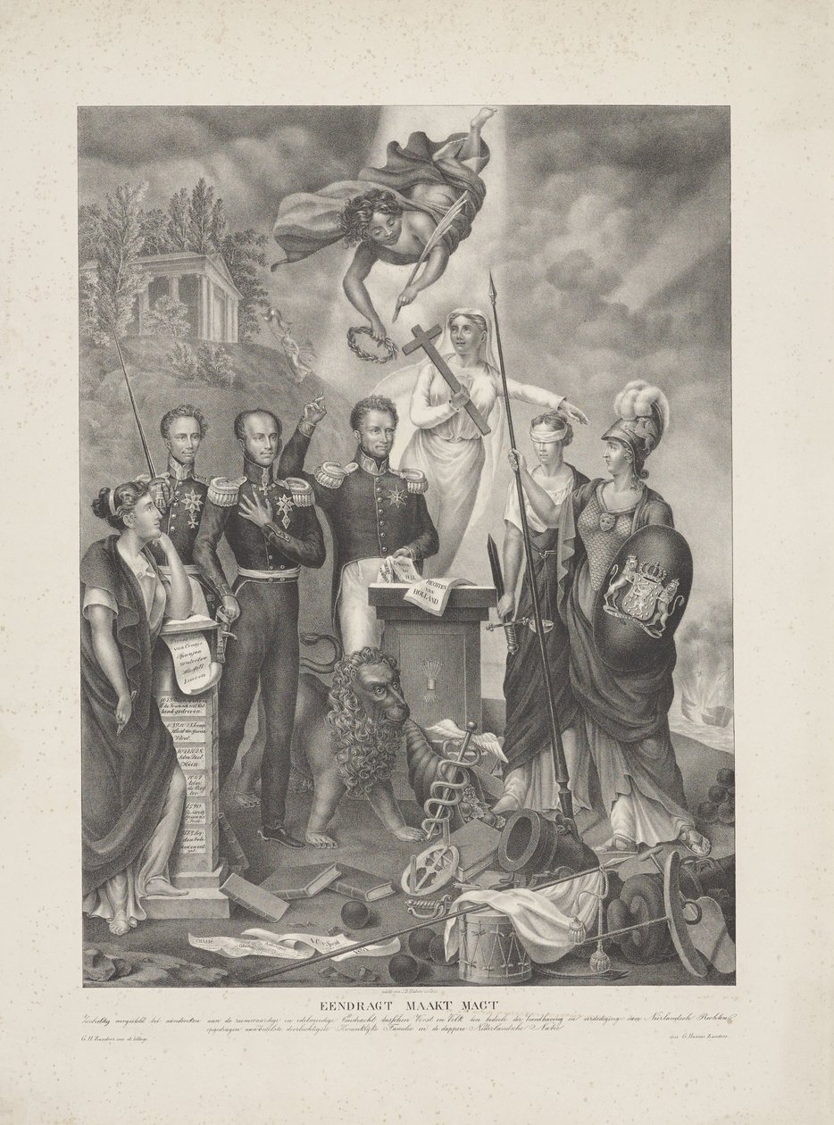 Allegory of the Covenant between Prince and People, 1832 Eendragt gjør Magt / Zinnebeeldig presentert til minne om den strålende og sjenerøse Eendracht mellom Prince and People med det formål å opprettholde og forsvare nederlandske rettigheter (tittel o av G. Havius Zanders