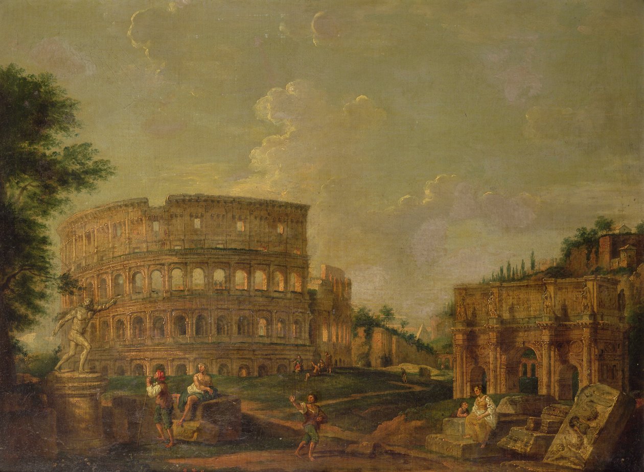 Colosseum med Konstantinbuen, ca. 1730 (olje på lerret) av G. P. (attr. to) Pannini or Panini