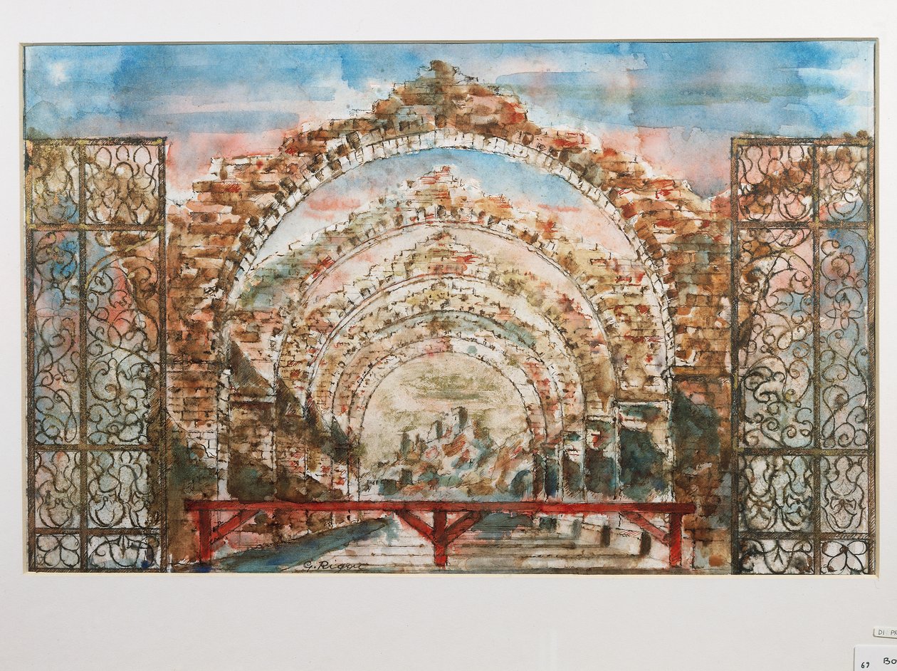 Scenografi for balletten 'Bolero' av Maurice Ravel (akvarell på papir) av G Rigon