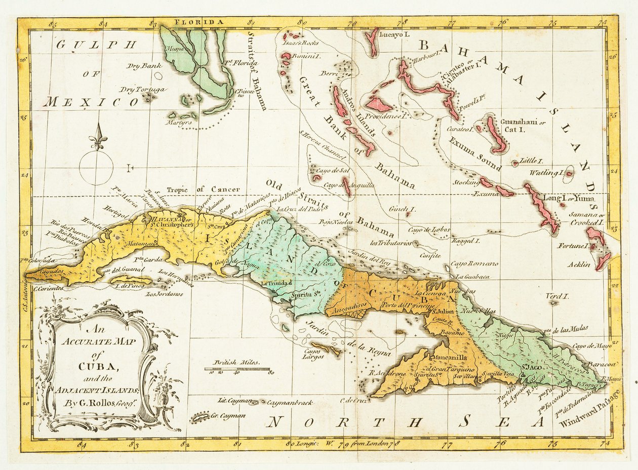 Et nøyaktig kart over Cuba og de tilstøtende øyene, pub c. 1762 av G Rollos