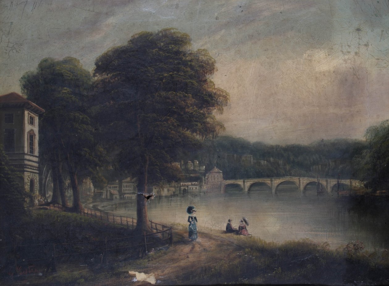 Asgill House ved Cholmondeley Walk, Richmond, Surrey, ser mot Richmond Bridge av G. Suter