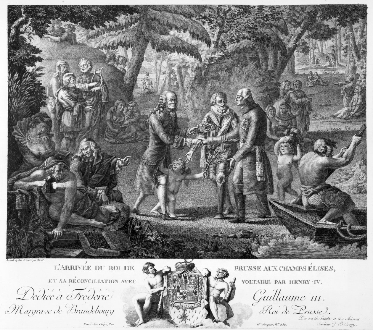 Henri IV (1553-1610) som forsoner Frederick William II (1744-97) og Voltaire (1694-1778) ved Elysian Fields, andre halvdel av 1700-tallet av G. Texier
