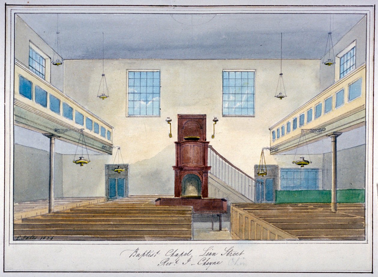 Innvendig utsikt over Lion Street Baptist Chapel, utenfor New Kent Road, Southwark, London, 1826 av G Yates