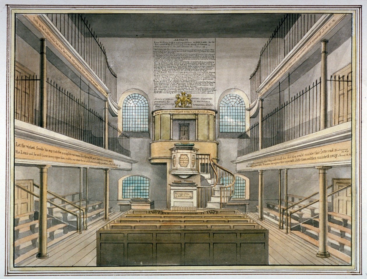 Innvendig utsikt over kapellet, Horsemonger Lane Prison, Union Road, Southwark, London, 1826 av G Yates