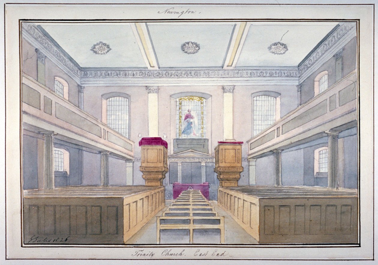 Innvendig utsikt over østenden av Holy Trinity Church, Newington, Southwark, London, 1826 av G Yates