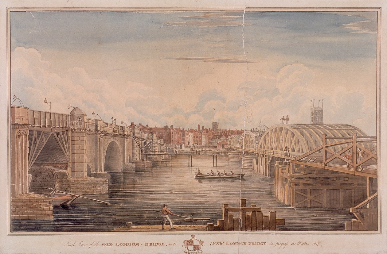 London Bridge gammel og ny, London, 1827 av G Yates