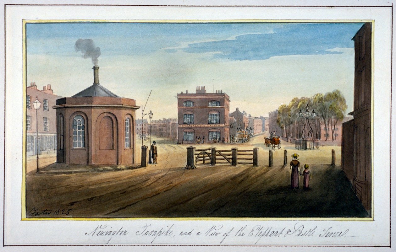 Newington Turnpike på Newington Causeway, Southwark, London, 1825 av G Yates