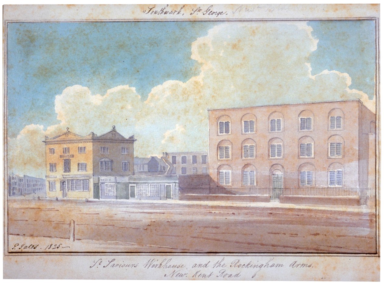 St Saviours arbeidshus og Rockingham Arms Inn, New Kent Road, Southwark, London, 1825 av G Yates