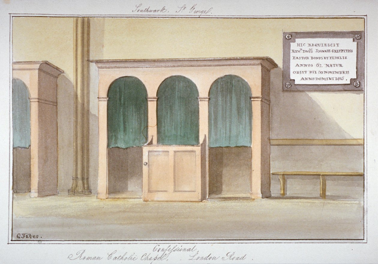Bekjennelsesstolen i det romersk-katolske kapellet på London Road, Southwark, London, 1825 av G Yates