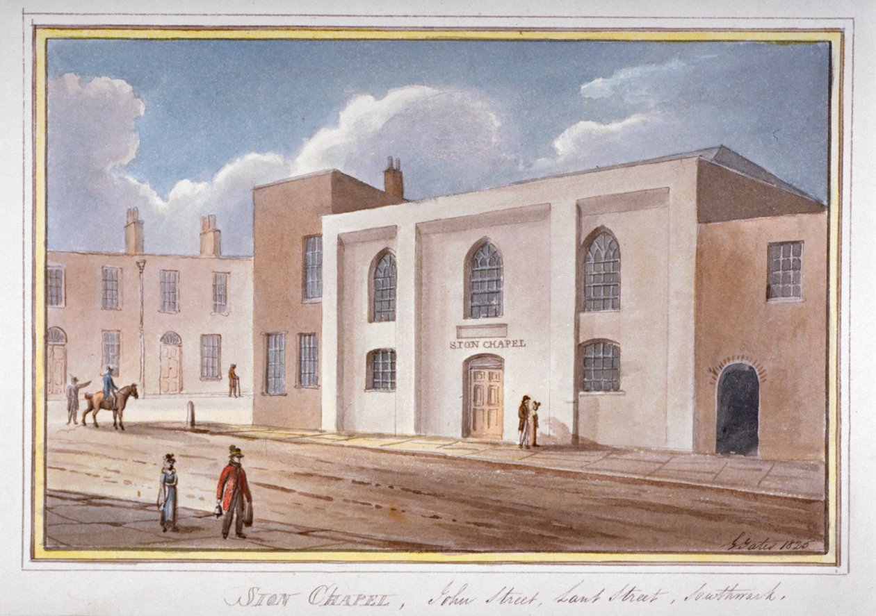 Utsikt over Sion Chapel på John Street, Southwark, London, 1825 av G Yates