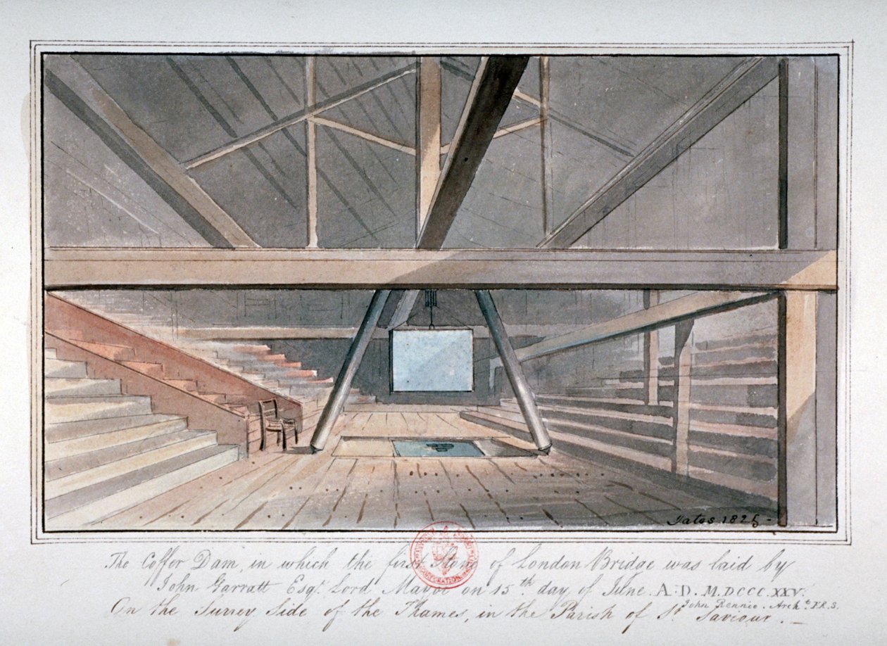 Utsikt over fundamentet til London Bridge, 1825 av G Yates