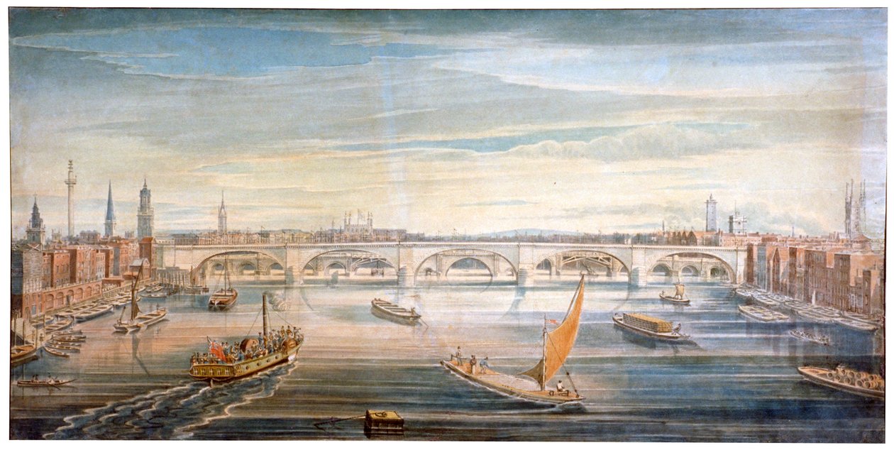Utsikt over den nye London Bridge fra vest, med båter og lektere på Themsen, 1831. av G Yates