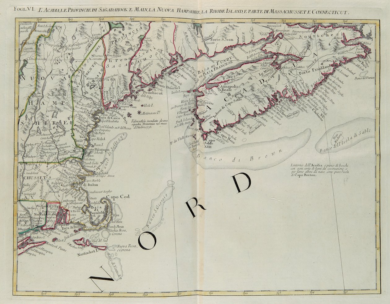 Acadia, provinsene Sagadahoc og Maine, New Hampshire, Rhode Island og en del av Massachusetts og Connecticut, gravering av G. Zuliani hentet fra Tome I av "Newest Atlas" utgitt i Venezia i 1778 av Antonio Zatta, Private Collection av G. Zuliani