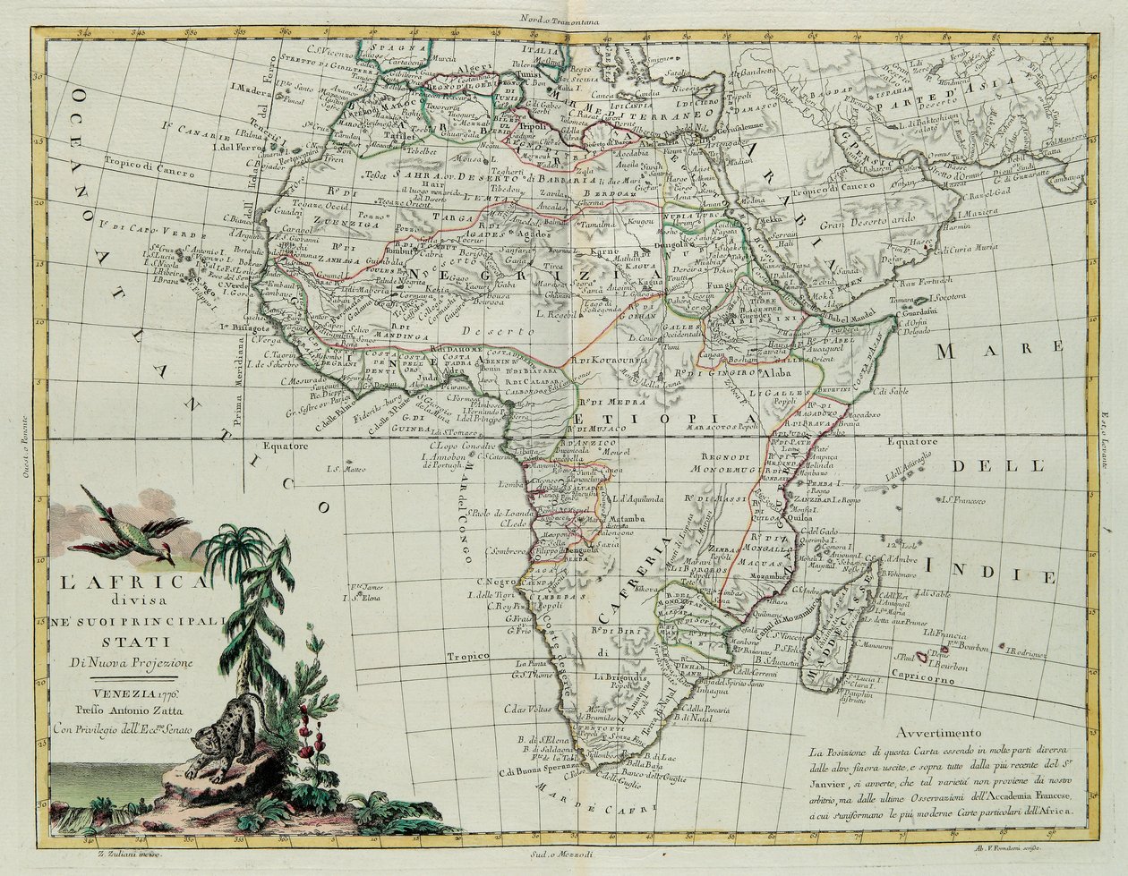 Afrika delt inn i sine hovedstater, gravering av G. Zuliani hentet fra Tome I of the Newest Atlas publisert i Venezia i 1776 av Antonio Zatta, Private Collection av G. Zuliani