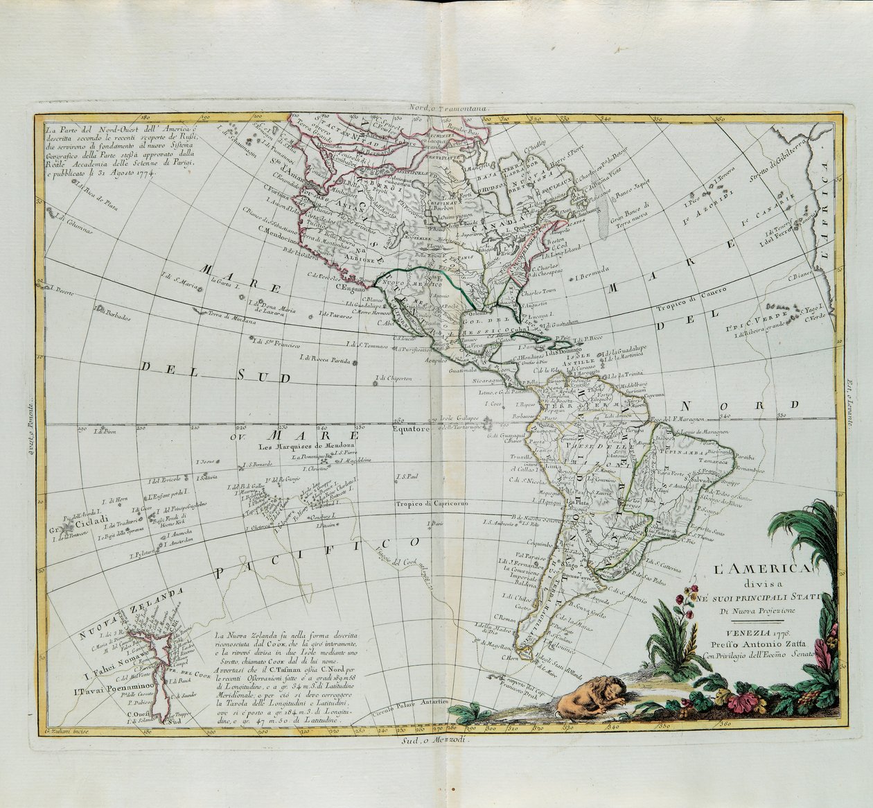 Amerika delt inn i sine hovedstater, gravering av G. Zuliani hentet fra Tome I of the Newest Atlas publisert i Venezia i 1776 av Antonio Zatta, Private Collection av G. Zuliani