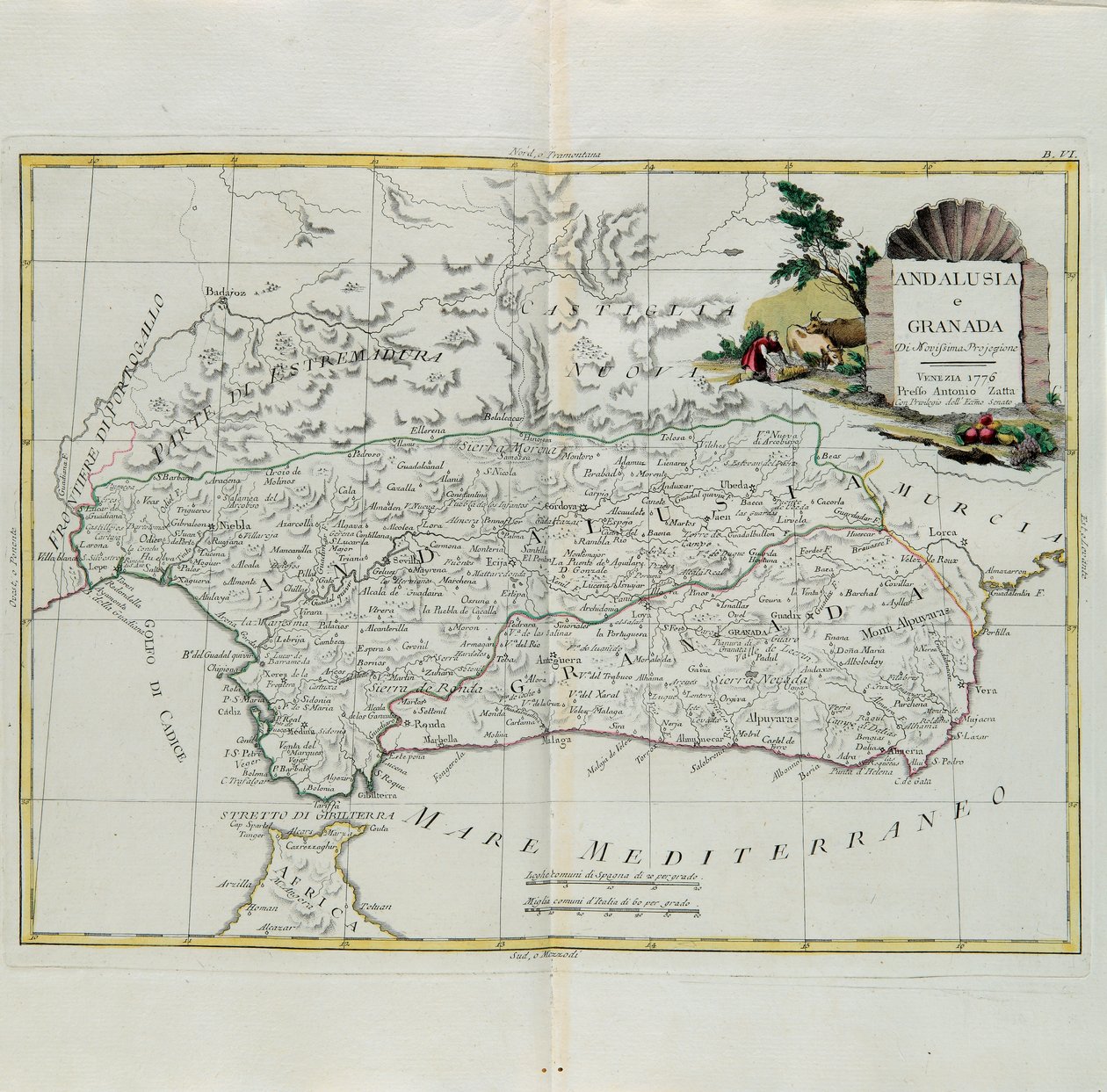 Andalusia og Granada, gravering av G. Zuliani hentet fra Tome I of the Newest Atlas publisert i Venezia i 1776 av Antonio Zatta, Private Collection av G. Zuliani