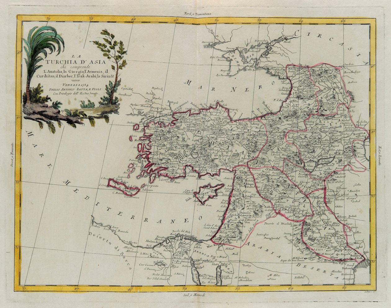 Asiatisk Tyrkia, inkludert Antolia, Georgia, Armenia, Kurdestan, Diarbec, Irak-Arabi, Syria, gravering av G. Zuliani hentet fra Tome IV av "Newest Atlas" publisert i Venezia i 1784 av Antonio Zatta, privat samling av G. Zuliani