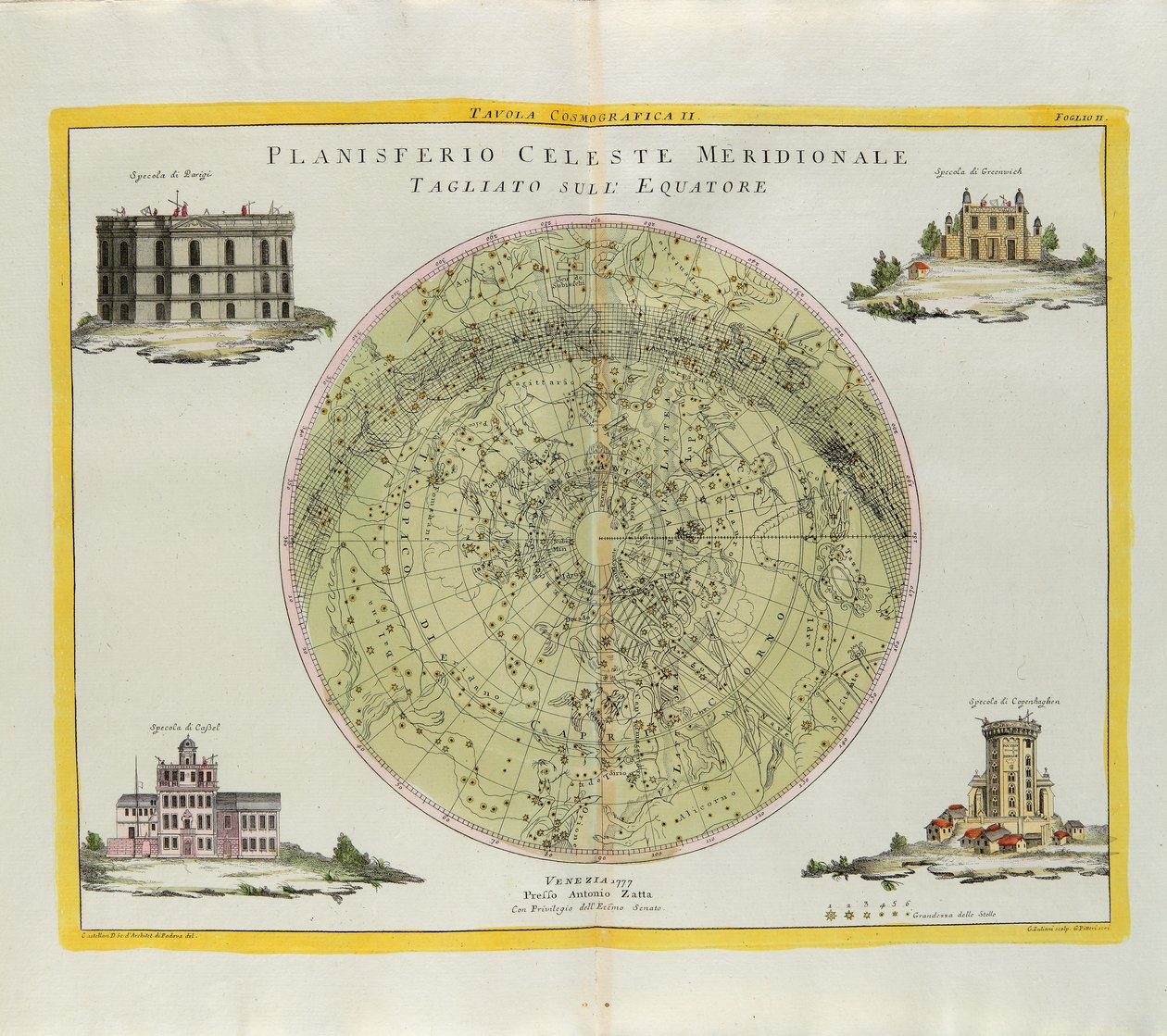 Kosmografisk plate av Southern Celestial Planisphere skåret ved ekvator, gravering av G. Zuliani hentet fra Tome I of the Newest Atlas publisert i Venezia i 1777 av Antonio Zatta av G. Zuliani