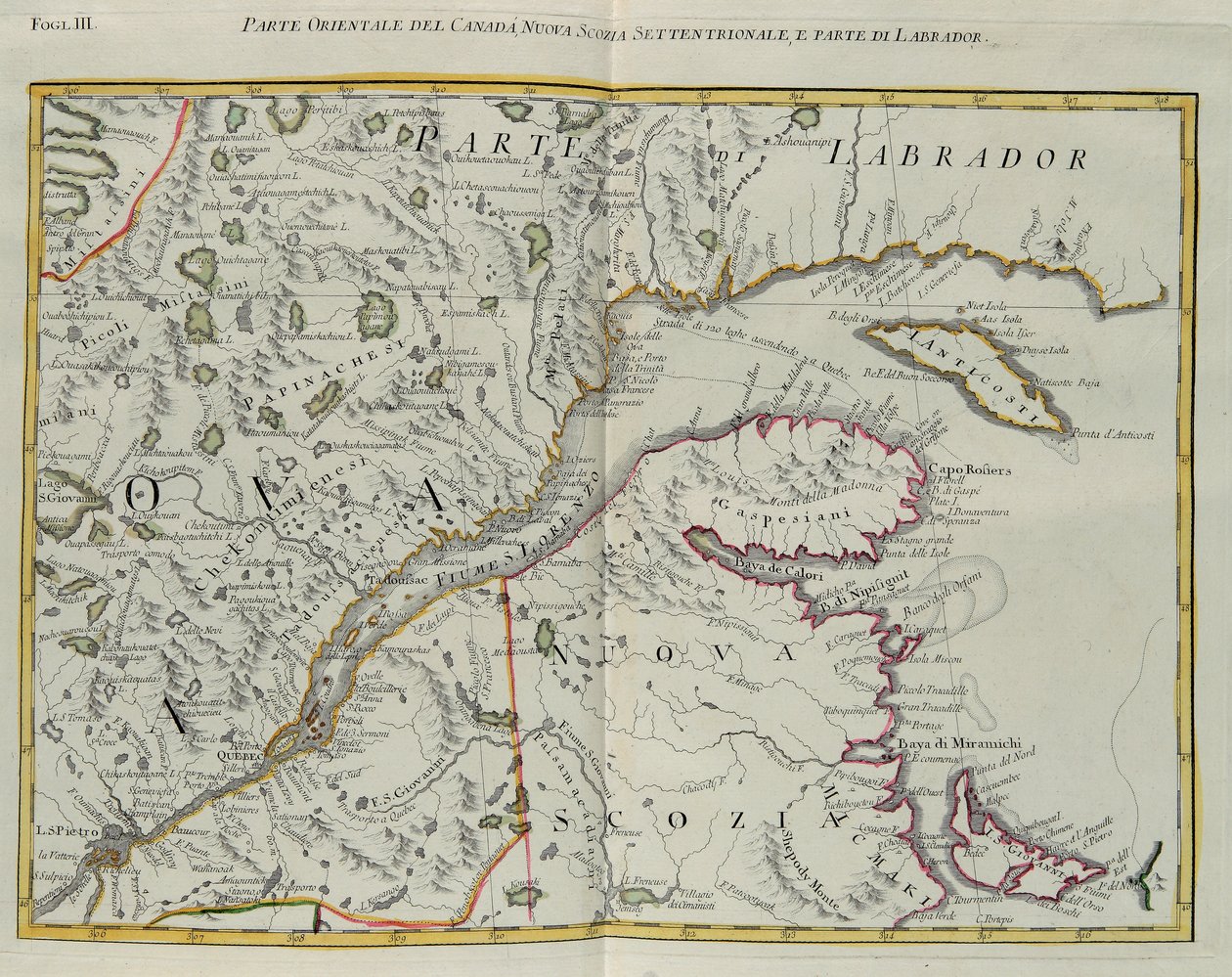 Den østlige delen av Canada, nordlige Nova Scotia og en del av Labrador, gravering av G. Zuliani hentet fra Tome I av "Newest Atlas" utgitt i Venezia i 1778 av Antonio Zatta, Private Collection av G. Zuliani