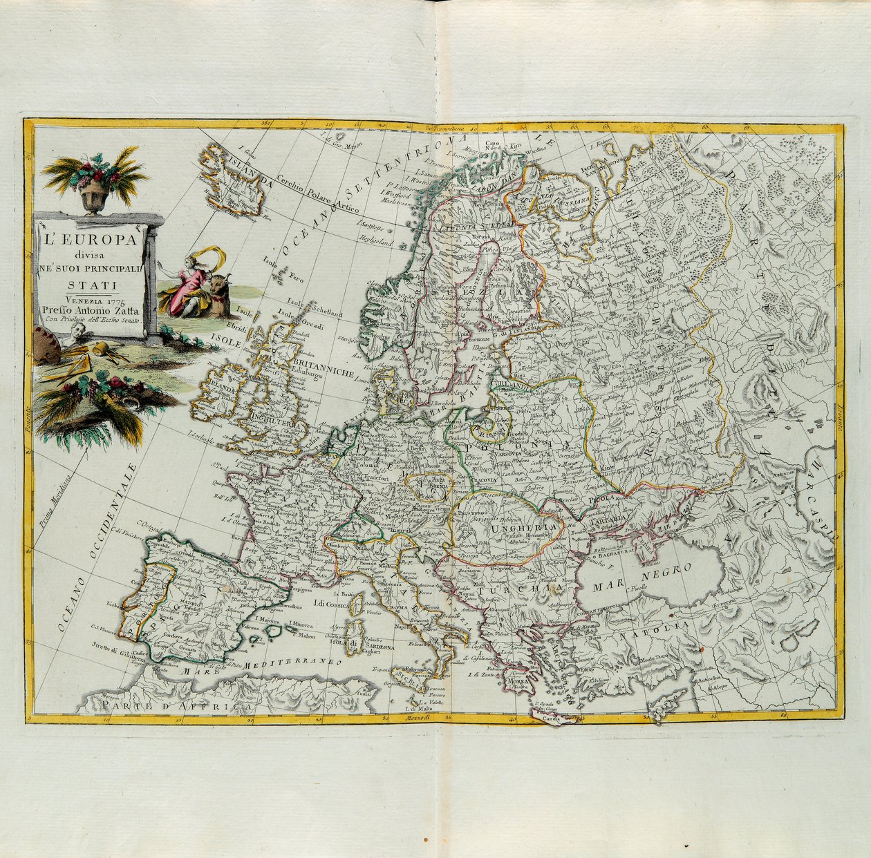 Europa delt inn i sine hovedstater, gravering av G. Zuliani hentet fra Tome I of the Newest Atlas publisert i Venezia i 1776 av Antonio Zatta, Private Collection av G. Zuliani