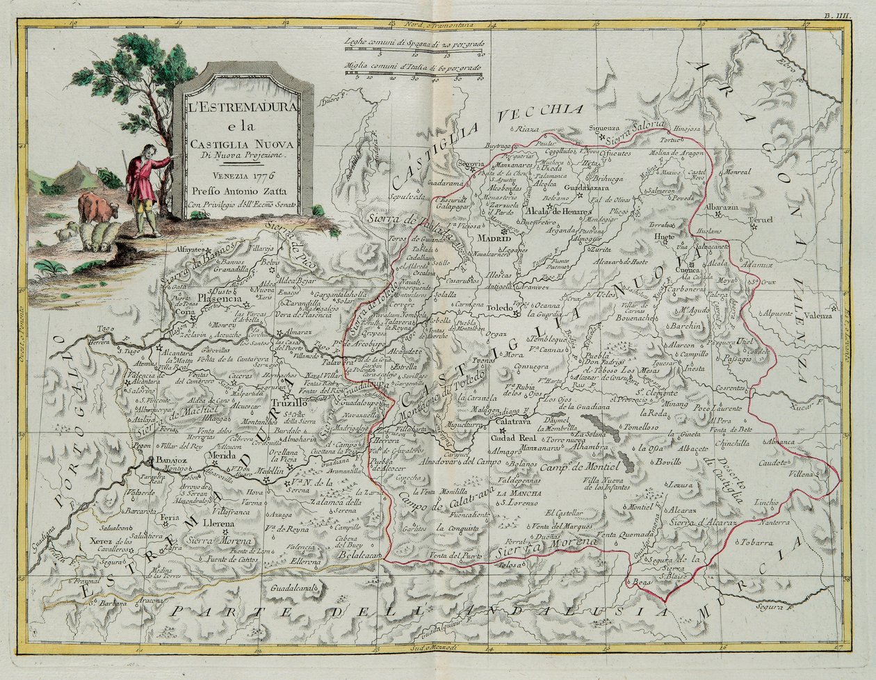 Extremadura og Castilla la Nueva, gravering av G. Zuliani hentet fra Tome I of the Newest Atlas publisert i Venezia i 1776 av Antonio Zatta, Private Collection av G. Zuliani