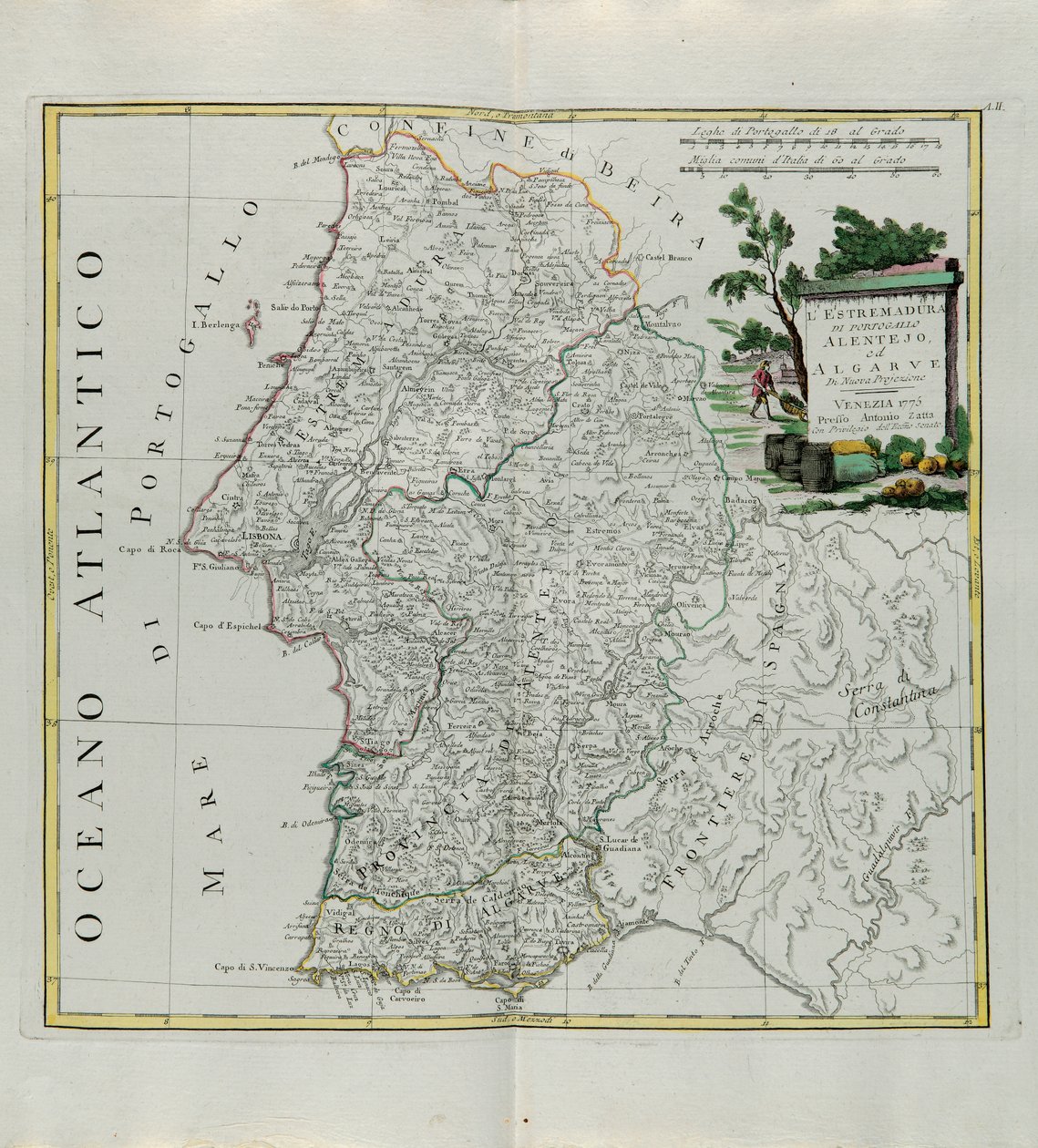 Extremadura of Portugal Alentejo eller Algarve, gravering av G. Zuliani hentet fra Tome I of the Newest Atlas publisert i Venezia i 1776 av Antonio Zatta, Private Collection av G. Zuliani