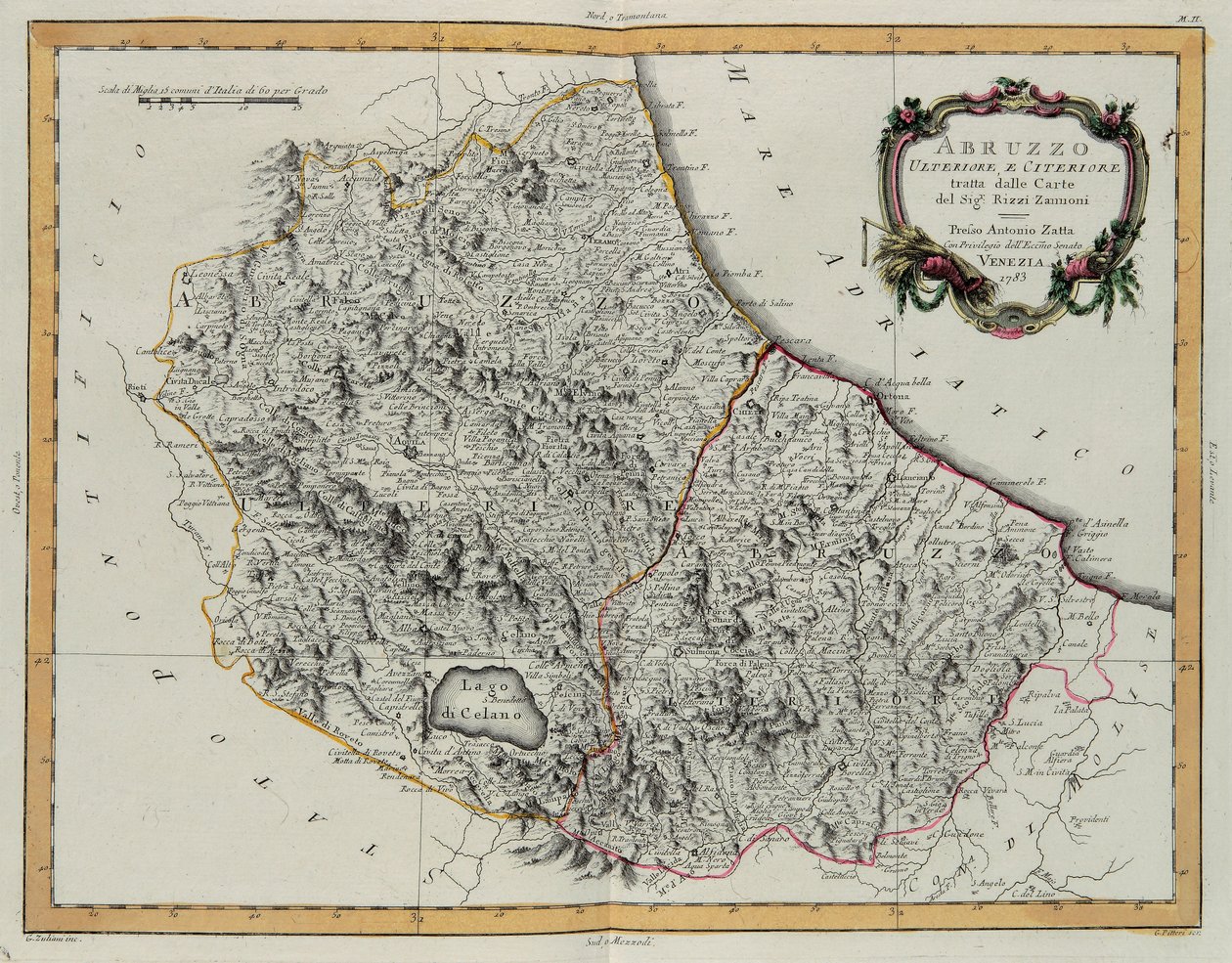 Farther and Hither Abruzzo, gravering av G. Zuliani hentet fra Tome II av "Newest Atlas" utgitt i Venezia i 1783 av Antonio Zatta, Private Collection av G. Zuliani
