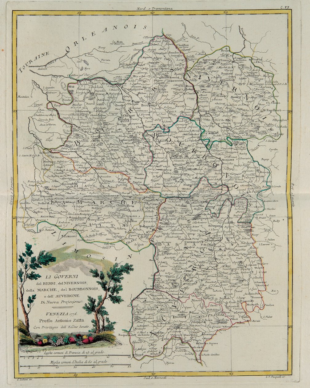 Styringer av Berri, Nivernois, Marche, Bourbon og Auvergne, gravering av G. Zuliani hentet fra Tome I of the Newest Atlas publisert i Venezia i 1776 av Antonio Zatta, Privat samling av G. Zuliani