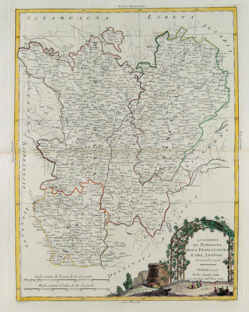 Styringer av Bourgogne, Franca Contea og Lyons, gravering av G. Zuliani hentet fra Tome I of the Newest Atlas publisert i Venezia i 1777 av Antonio Zatta, Privat samling av G. Zuliani