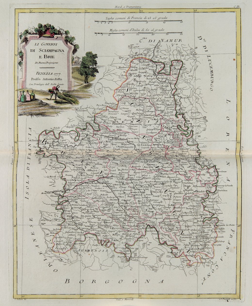 Styringer av Champagne og Brie, gravering av G. Zuliani hentet fra Tome I of the Newest Atlas publisert i Venezia i 1777 av Antonio Zatta, Private Collection av G. Zuliani