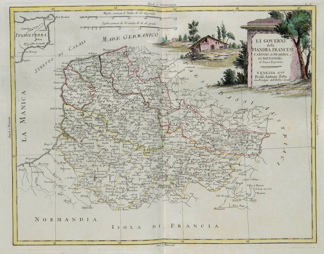 Styringer av Fransk Flandern, Artois, Picardie og Boulonois, gravering av G. Zuliani hentet fra Tome I of the Newest Atlas publisert i Venezia i 1776 av Antonio Zatta, Private Collection av G. Zuliani