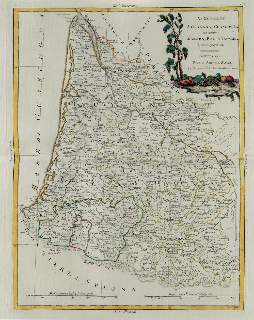 Styringen av Guyenne og Gascogne med Bearn og Nedre Navarre, gravering av G. Zuliani hentet fra Tome I of the Newest Atlas publisert i Venezia i 1776 av Antonio Zatta, Private Collection av G. Zuliani