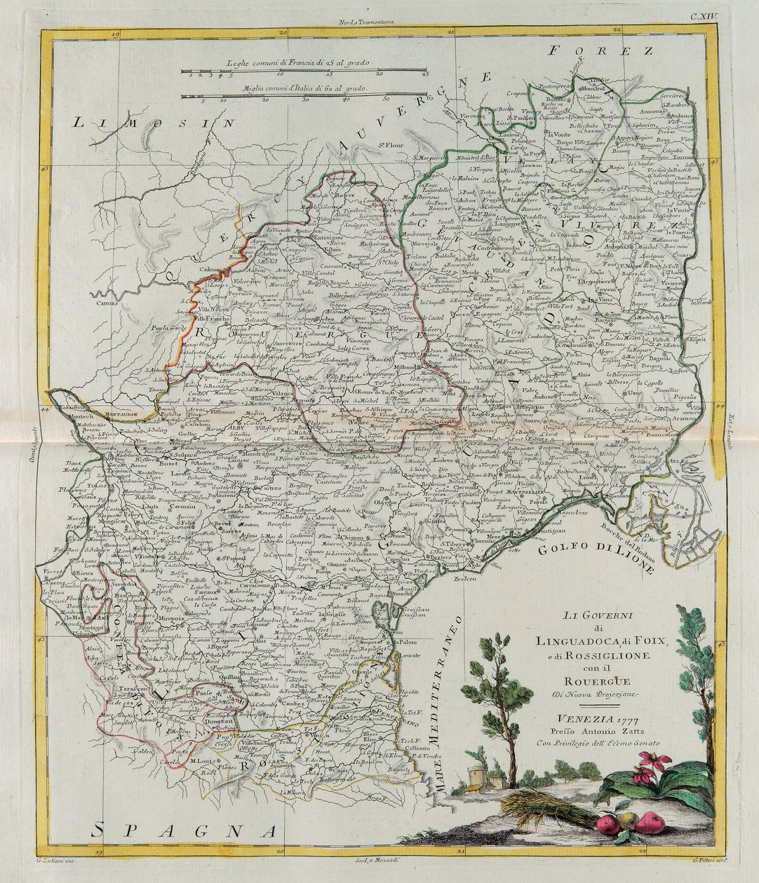 Styringer av Langedoc, Foix og Roussillon med Rouergue, gravering av G. Zuliani hentet fra Tome I of the Newest Atlas publisert i Venezia i 1777 av Antonio Zatta, Private Collection av G. Zuliani