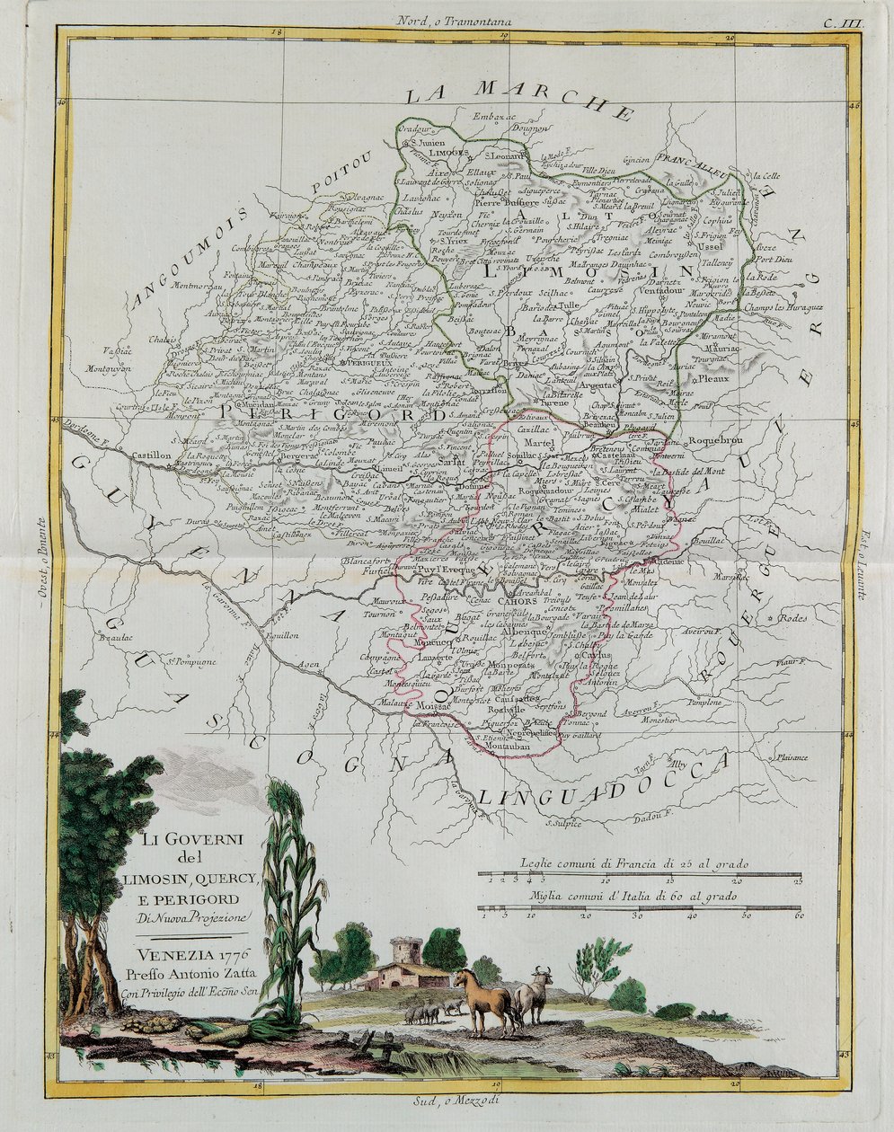 Styringer av Limosin, Quercy og Perigord, gravering av G. Zuliani hentet fra Tome I of the Newest Atlas publisert i Venezia i 1776 av Antonio Zatta, Private Collection av G. Zuliani