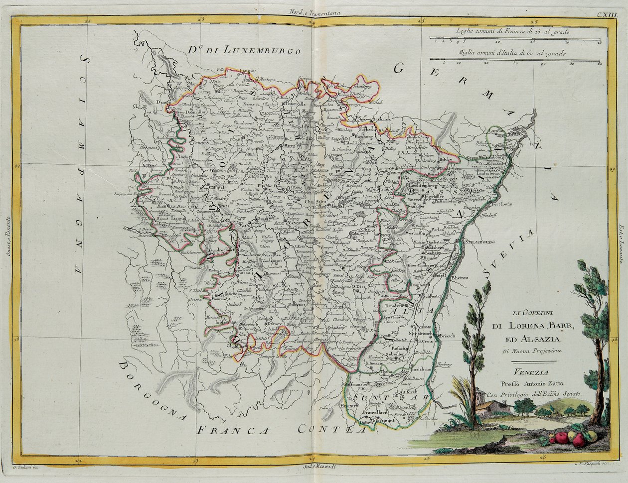 Styringene i Lorraine, Barr og Alsace, gravering av G. Zuliani hentet fra Tome I av "Newest Atlas" utgitt i Venezia av Antonio Zatta, privat samling av G. Zuliani