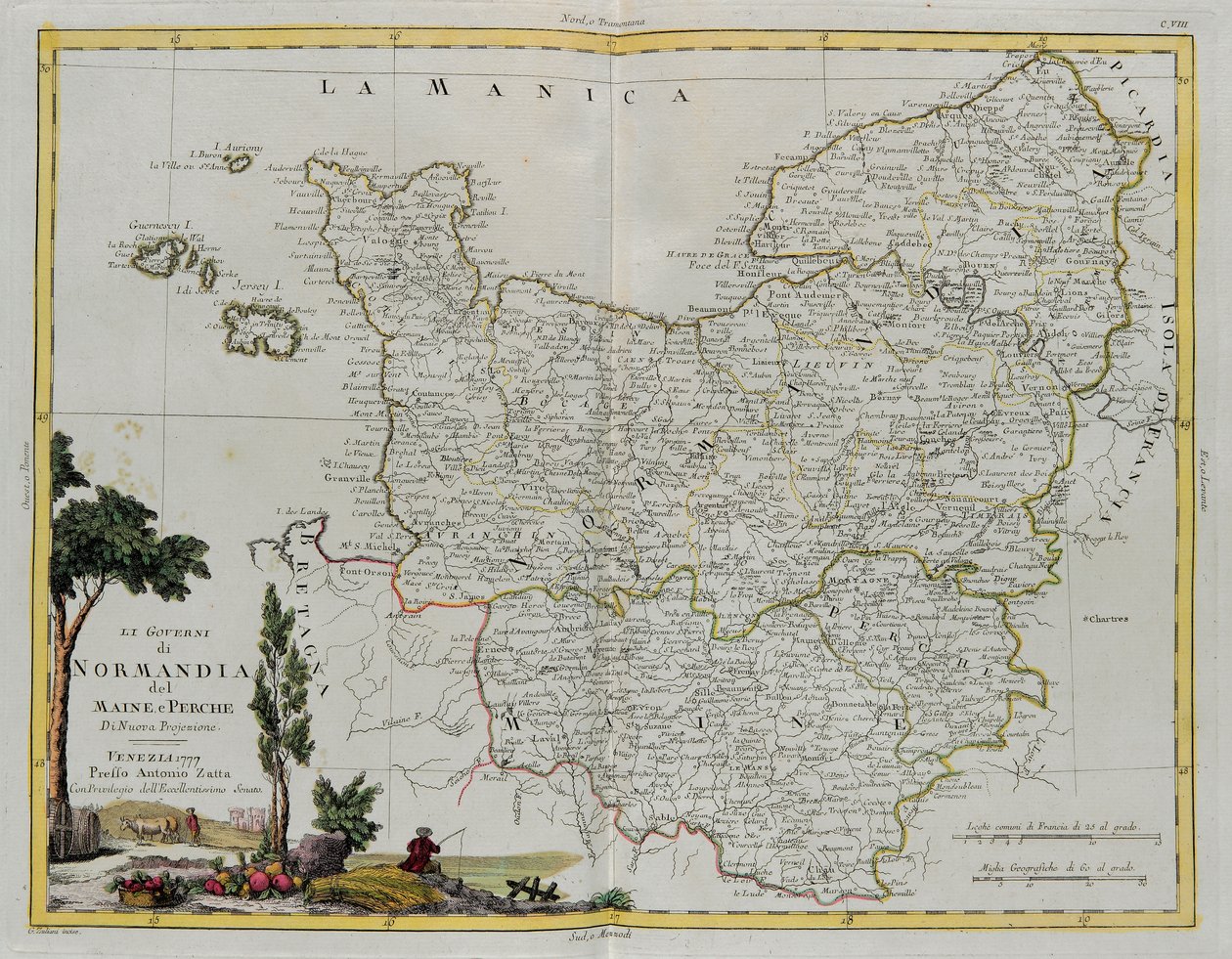 Styringer av Normandie, Maine og Perche, gravering av G. Zuliani hentet fra Tome I of the Newest Atlas publisert i Venezia i 1777 av Antonio Zatta, Private Collection av G. Zuliani