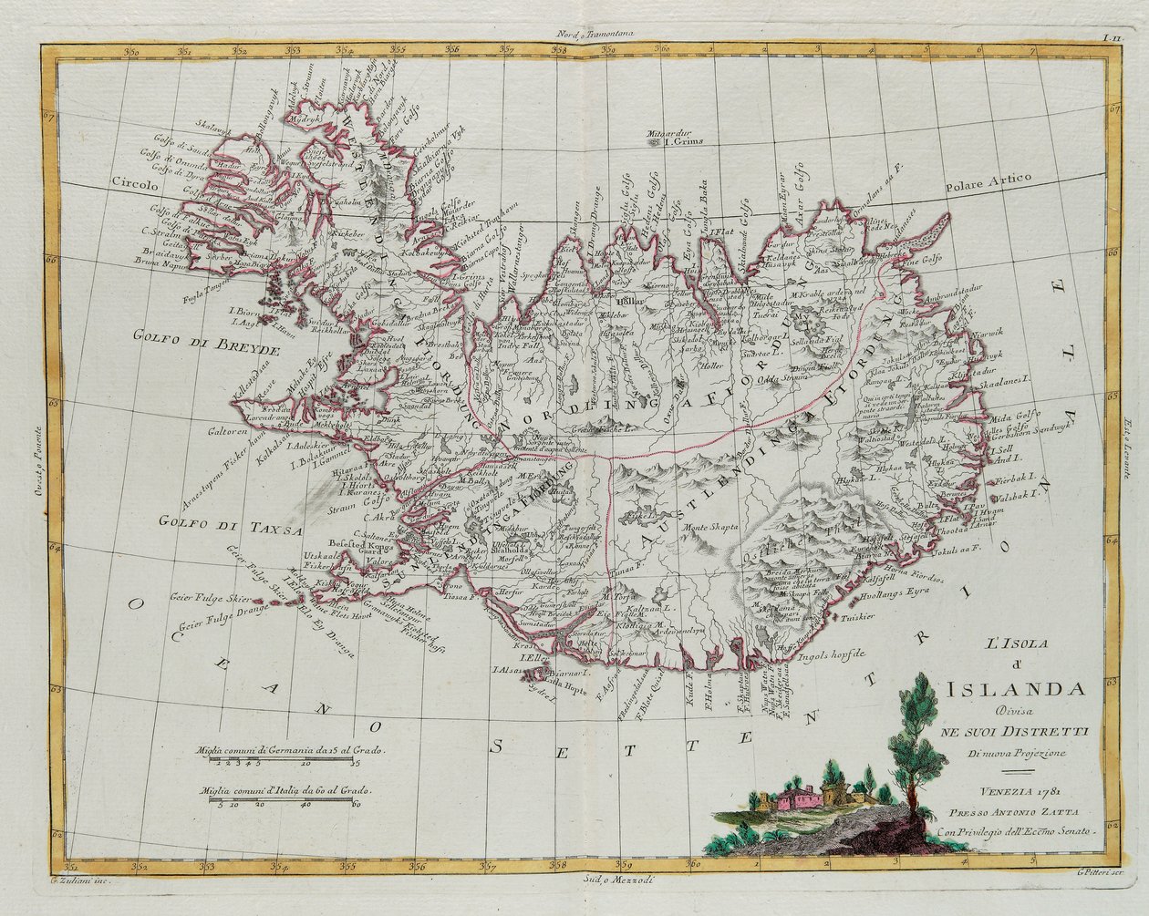 Island delt inn i sine distrikter, gravering av G. Zuliani hentet fra Tome III av "Newest Atlas" publisert i Venezia i 1781 av Antonio Zatta, Private Collection av G. Zuliani