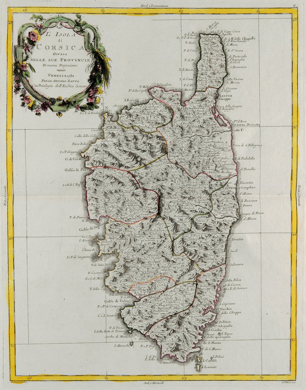 Øya Korsika delt inn i sine provinser, gravering av G. Zuliani hentet fra Tome II av "Newest Atlas" publisert i Venezia i 1782 av Antonio Zatta, Private Collection av G. Zuliani