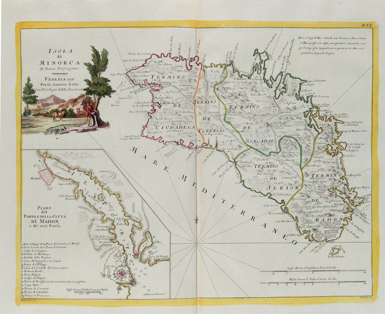 Øya Minorca og planen for havnen og byen Mahon og dens forter, gravering av G. Zuliani hentet fra Tome I av "Newest Atlas" publisert i Venezia i 1778 av Antonio Zatta, Private Collection av G. Zuliani