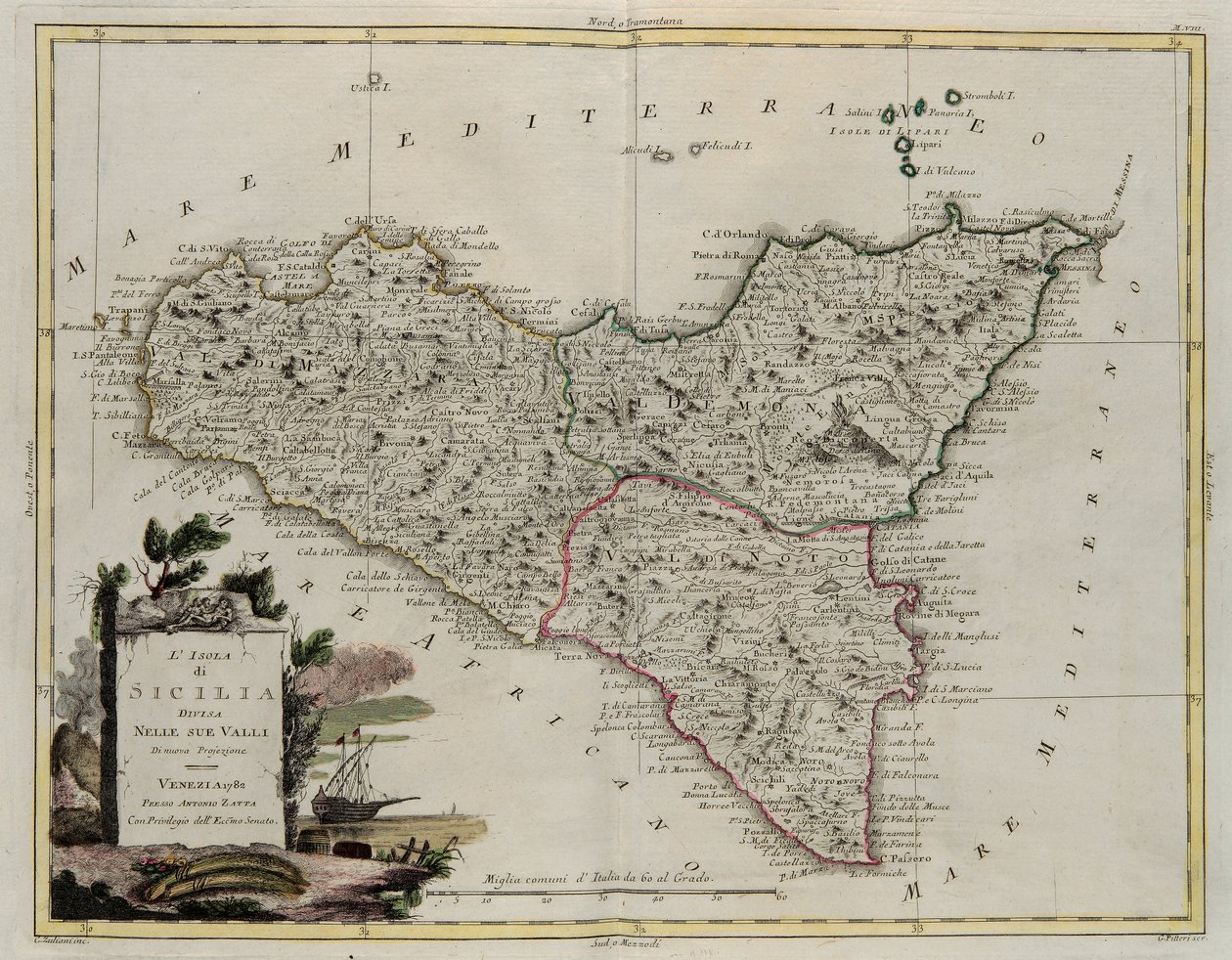 Island of Sicilia, delt inn i sine daler, gravering av G. Zuliani hentet fra Tome II of the Newest Atlas publisert i Venezia i 1782 av Antonio Zatta, Private Collection av G. Zuliani