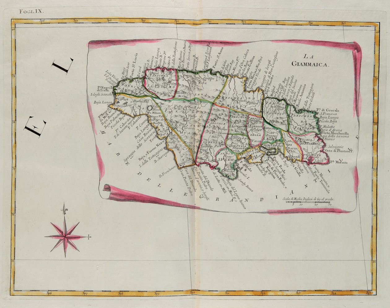 Jamaica, gravering av G. Zuliani hentet fra Tome I av "Newest Atlas" utgitt i Venezia i 1778 av Antonio Zatta, Private Collection av G. Zuliani