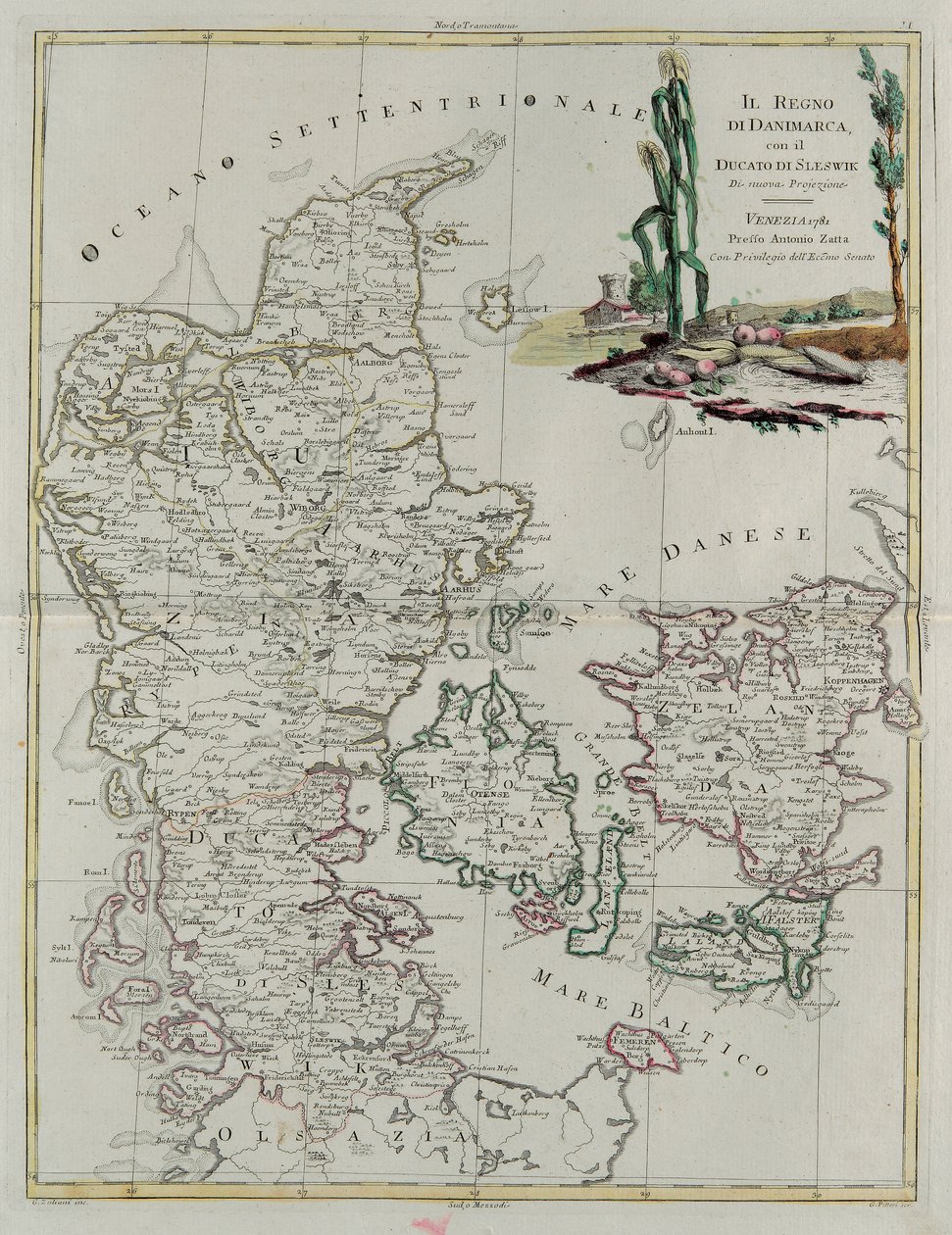 Kongeriket Danmark med hertugdømmet Slesvik, gravering av G. Zuliani hentet fra Tome III av "Newest Atlas" publisert i Venezia i 1781 av Antonio Zatta, Privat samling av G. Zuliani