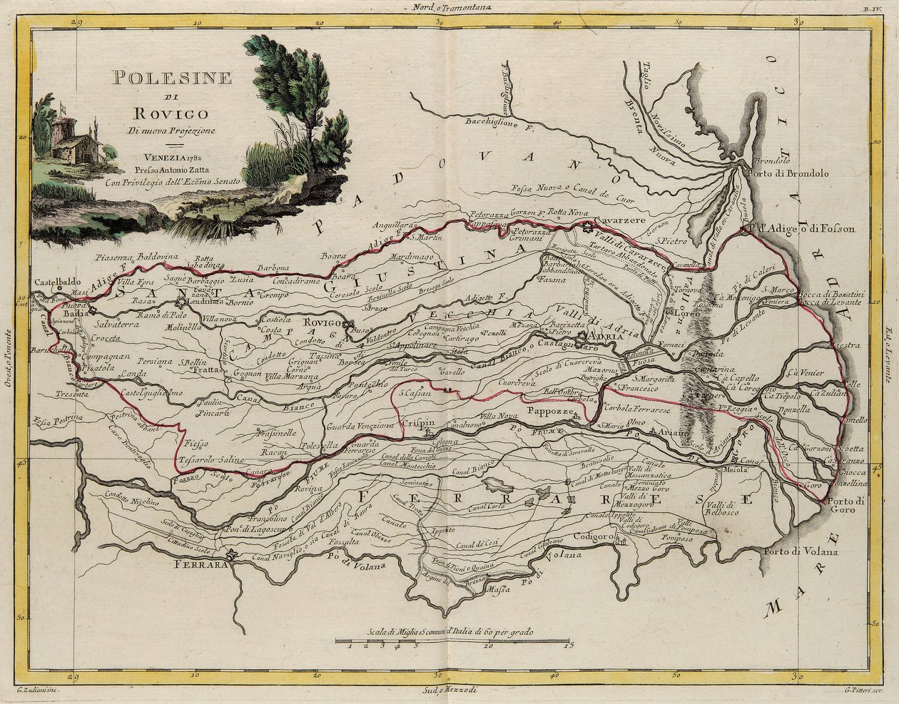 Landområde i staten Veneto: området av Rovigo, gravert av G. Zuliani, hentet fra bind II av "Nyeste atlas" utgitt i Venezia i 1782 av Antonio Zatta, privat samling av G. Zuliani