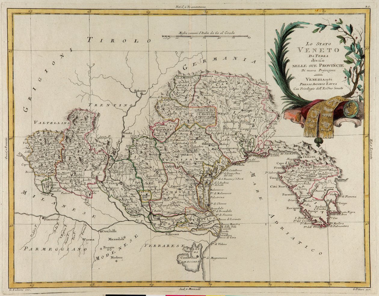 Landområde i staten Veneto, delt inn i sine provinser, gravering av G. Zuliani hentet fra Tome II av "Nyeste atlas" utgitt i Venezia i 1782 av Antonio Zatta, privat samling av G. Zuliani